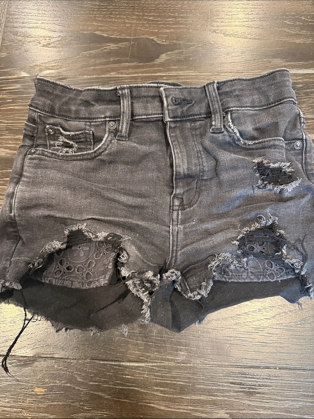 American Eagle Outfitters Black Distressed Denim Shorts with Lace Panels